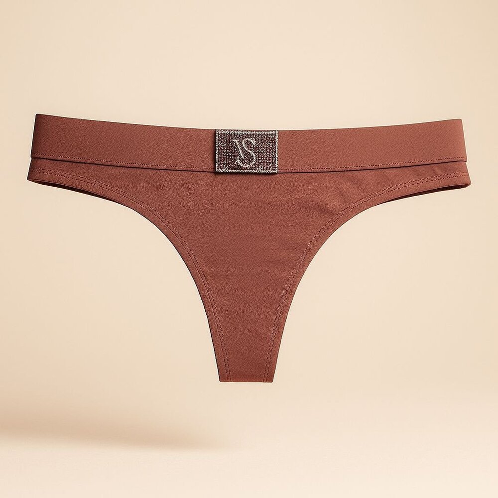Victoria's Secret Shine Patch Thong Panty Womens Medium Cocoa Rhinestone VS Logo